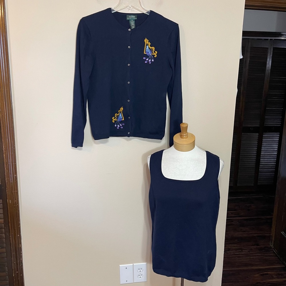 Lauren Ralph Lauren Navy Blue Embroidered Bird Cardigan & Shell Twinset XL